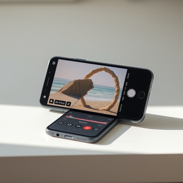 A phone showing a beach photo inside an arch-shaped frame