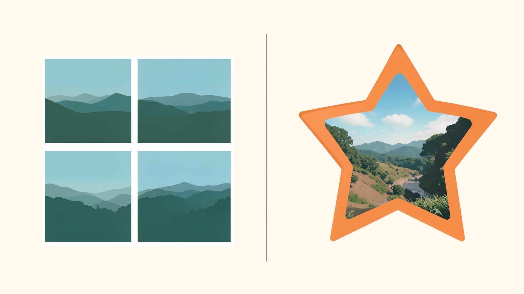 A four-cell photo grid on the left, a single star-shaped photo frame on the right