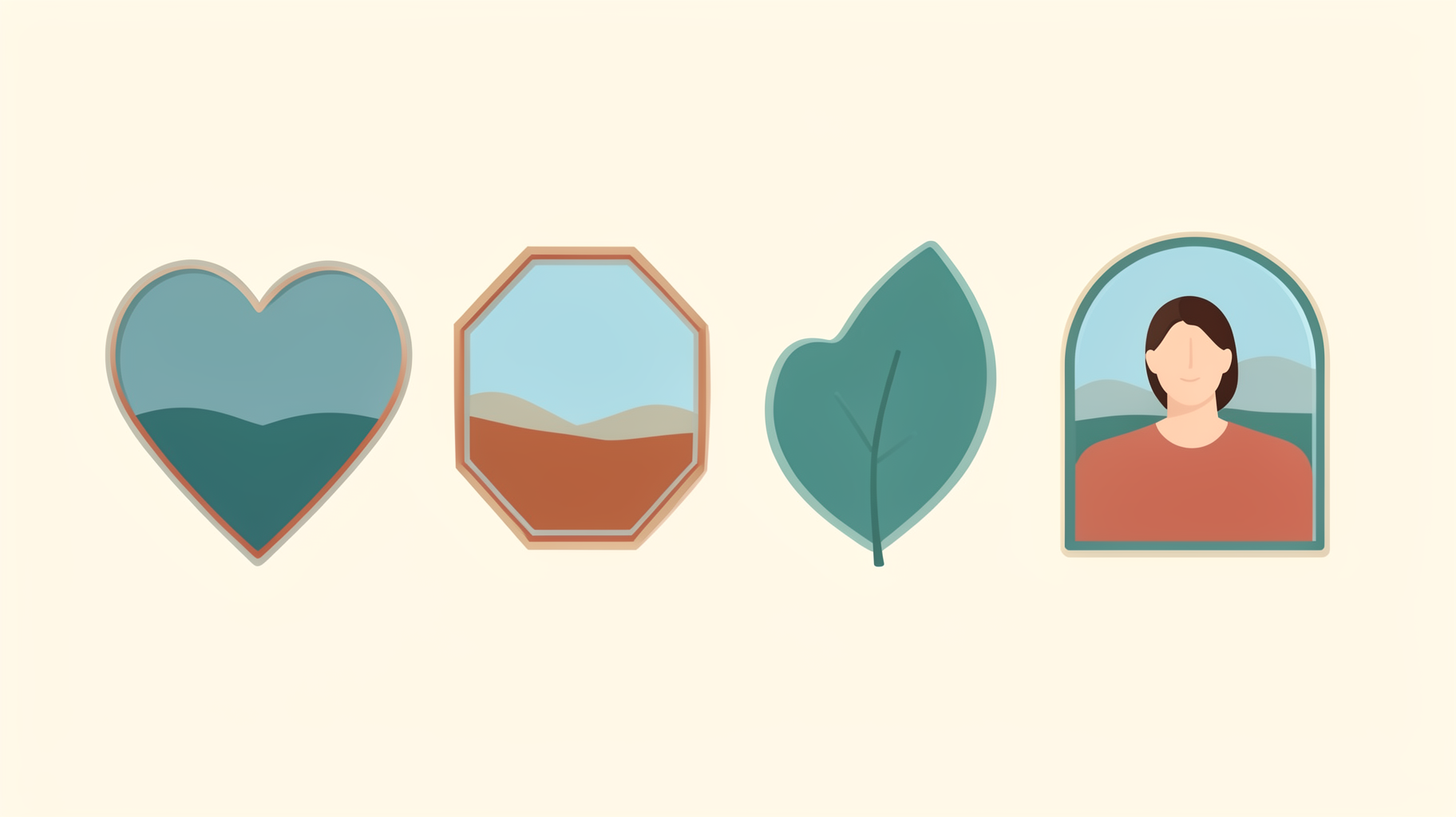 Four custom-shaped photo frames — heart, hexagon, leaf and arch — each filled with a different photo