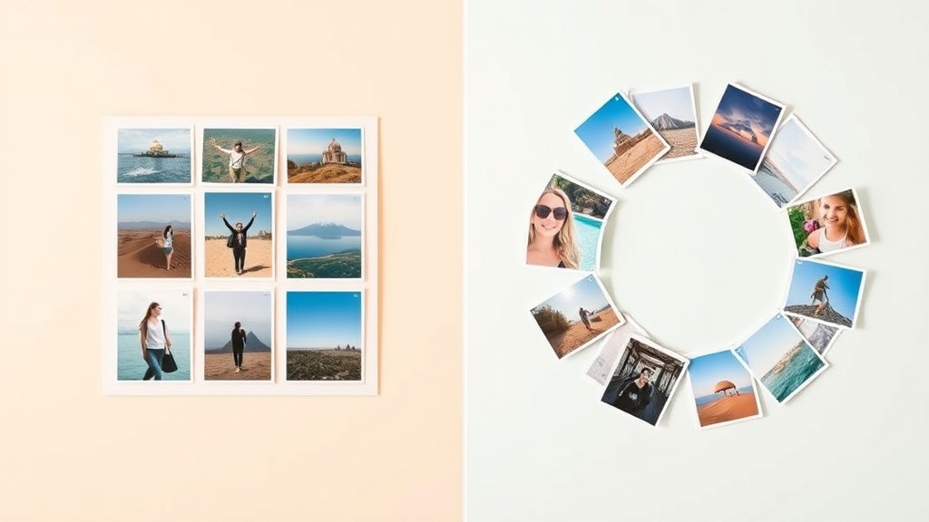 Split view: a rectangular grid collage on the left versus arc and burst photo frames on the right