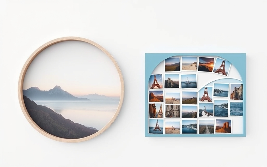 An arc-shaped photo frame beside a curved wavy grid of travel photos