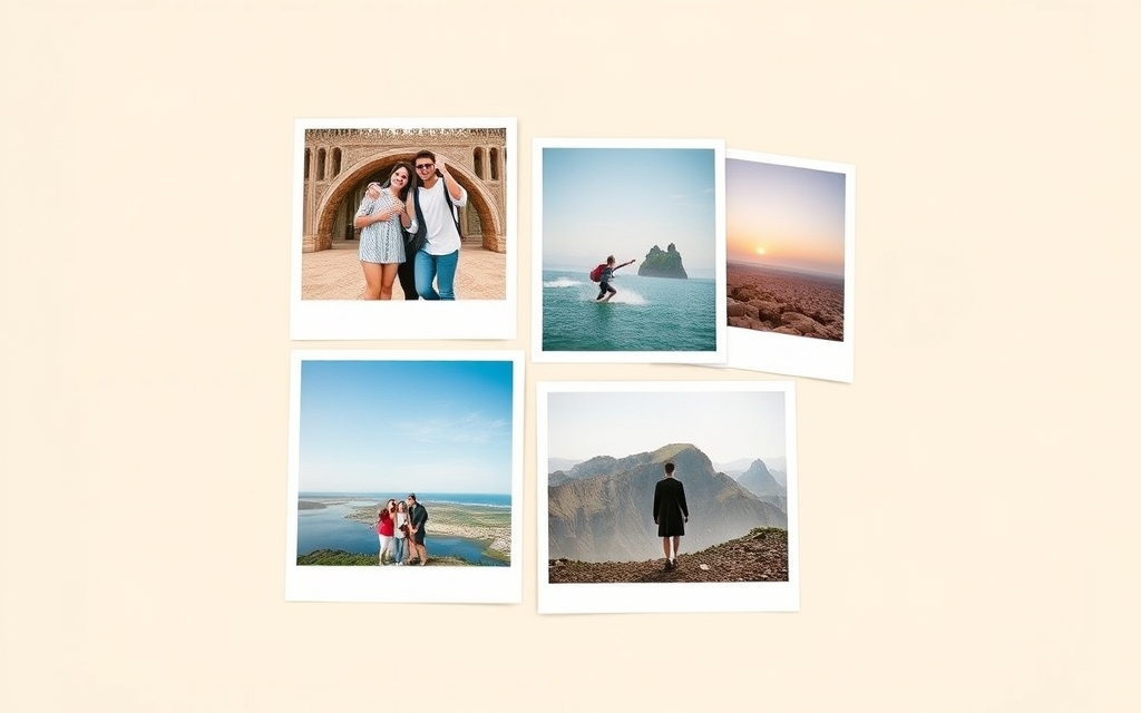 A freeform scatter of travel and family photos, the kind of layout a straight grid can't produce