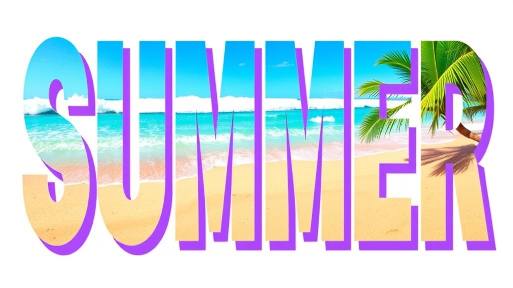 The word SUMMER with a beach photo clipped inside each letter