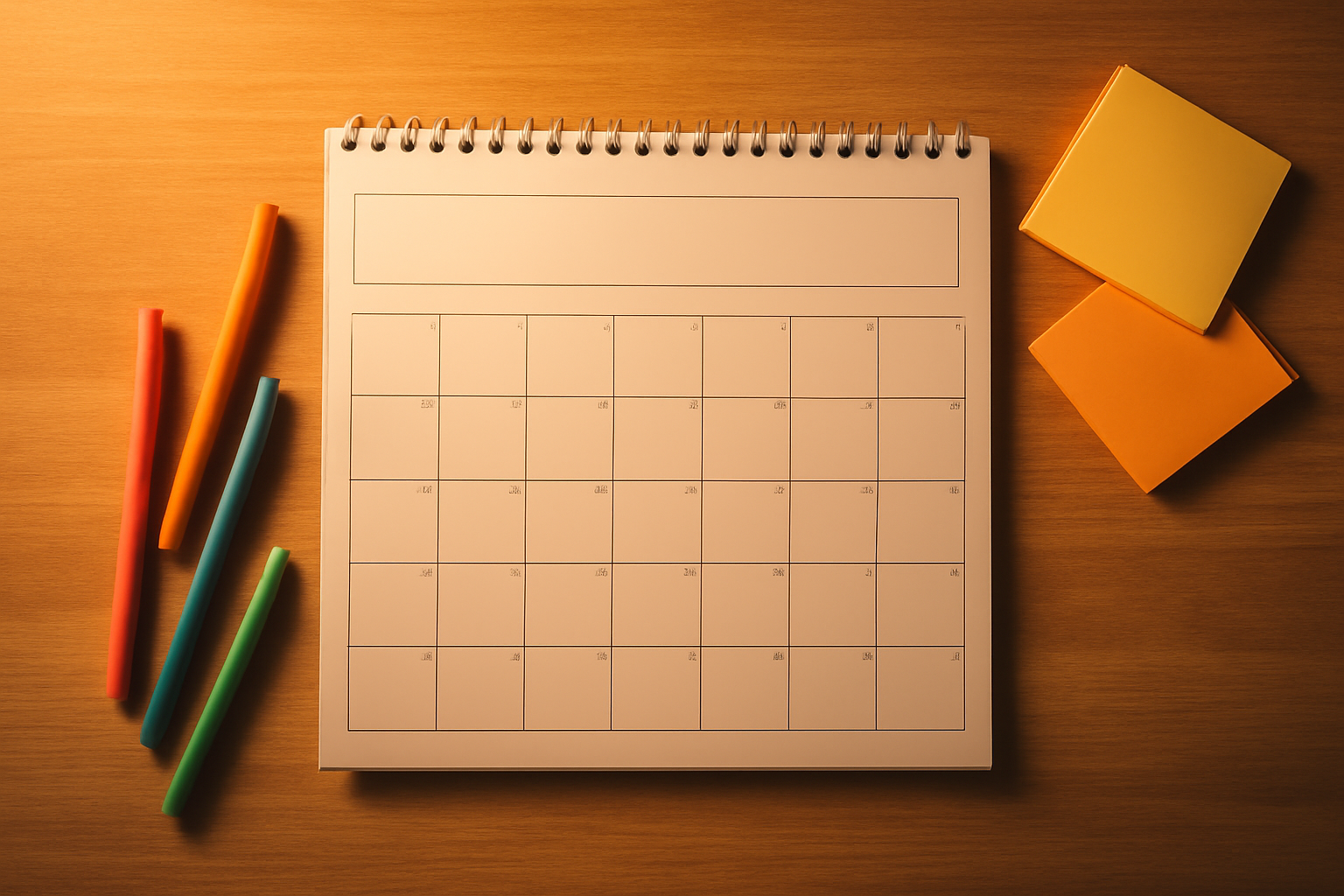 A blank monthly wall calendar on a desk with pens and sticky notes