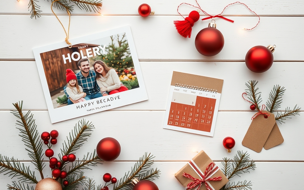 Christmas design ideas flat lay — photo card, photo calendar and gift tags