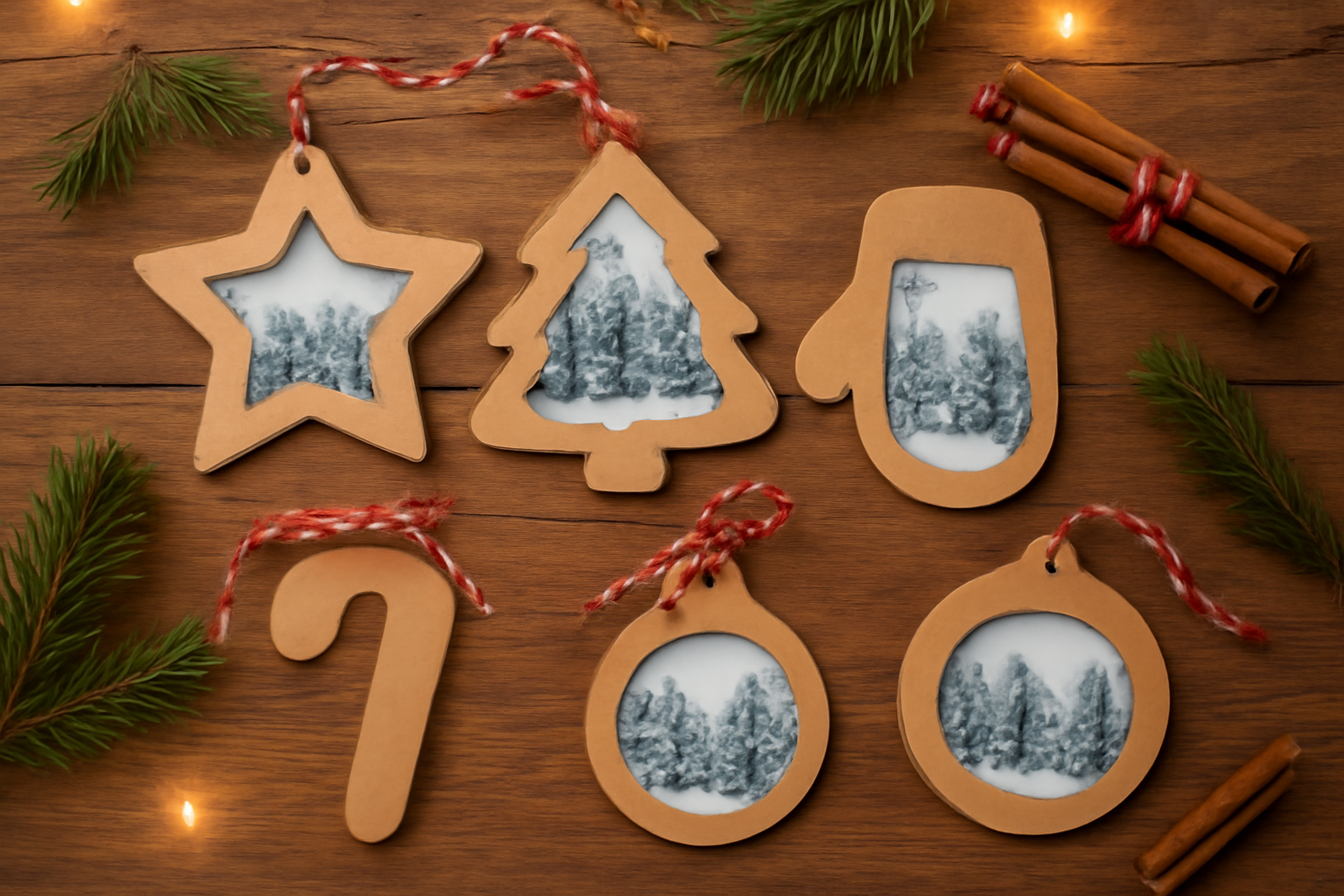 Five handmade Christmas photo frames shaped like a star, tree, mitten, candy cane and bauble on a wooden table