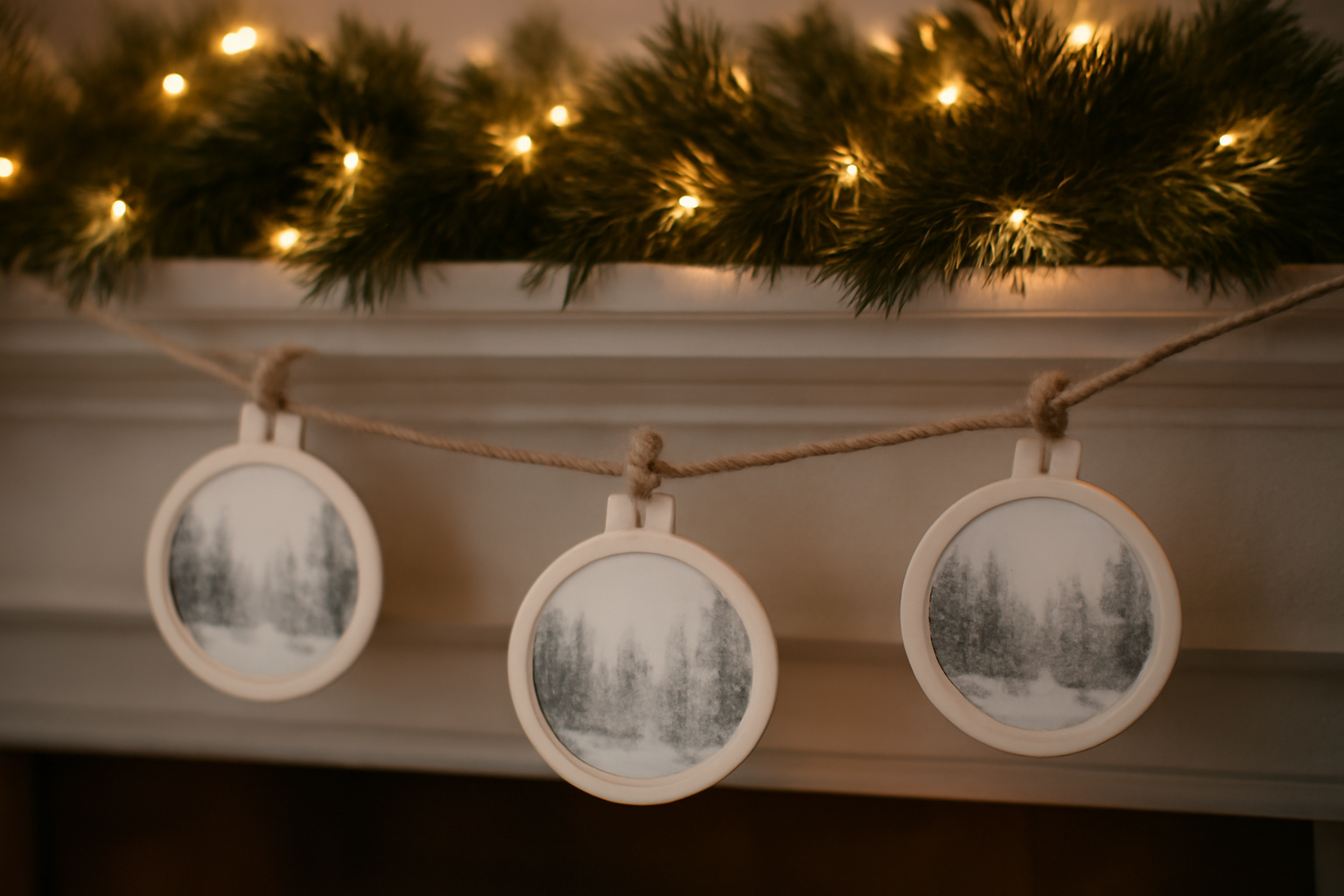 Twine garland with three round bauble-shaped paper photo frames showing a snowy pine forest on a mantel