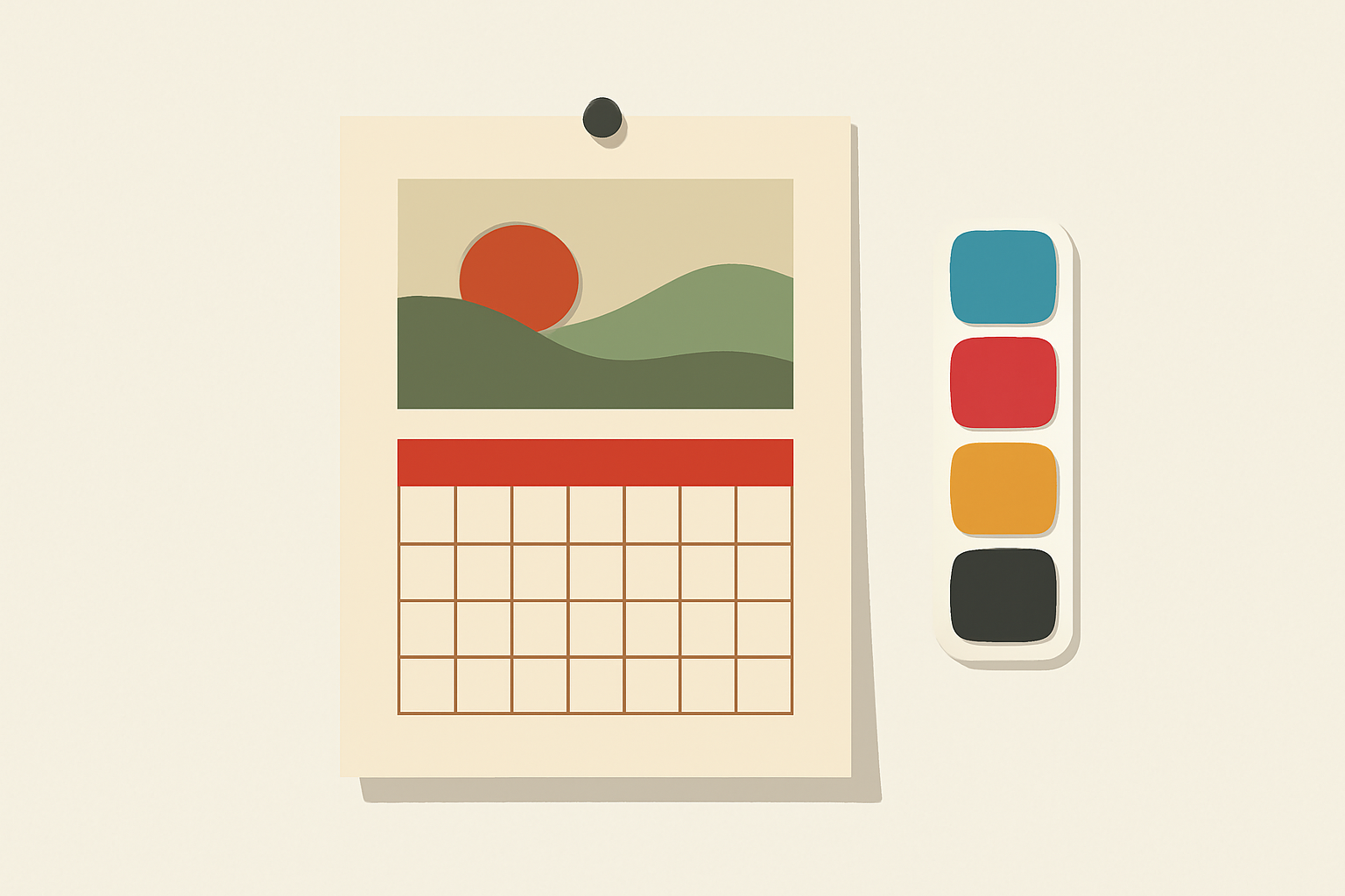 A printed wall calendar with print-safe colors and CMYK swatches