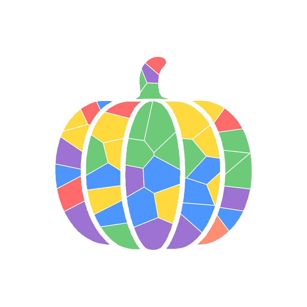After: the same pumpkin rendered as a 45-piece mosaic sticker in a vibrant 6-color palette
