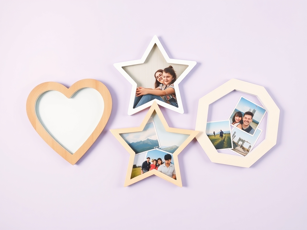 Creative custom photo frames in heart, star and hexagon shapes filled with family and travel photos