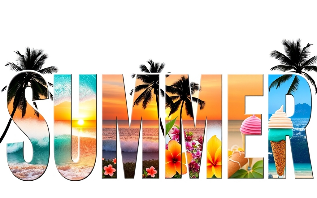 Photo-filled typography spelling SUMMER with a different beach photo inside each letter