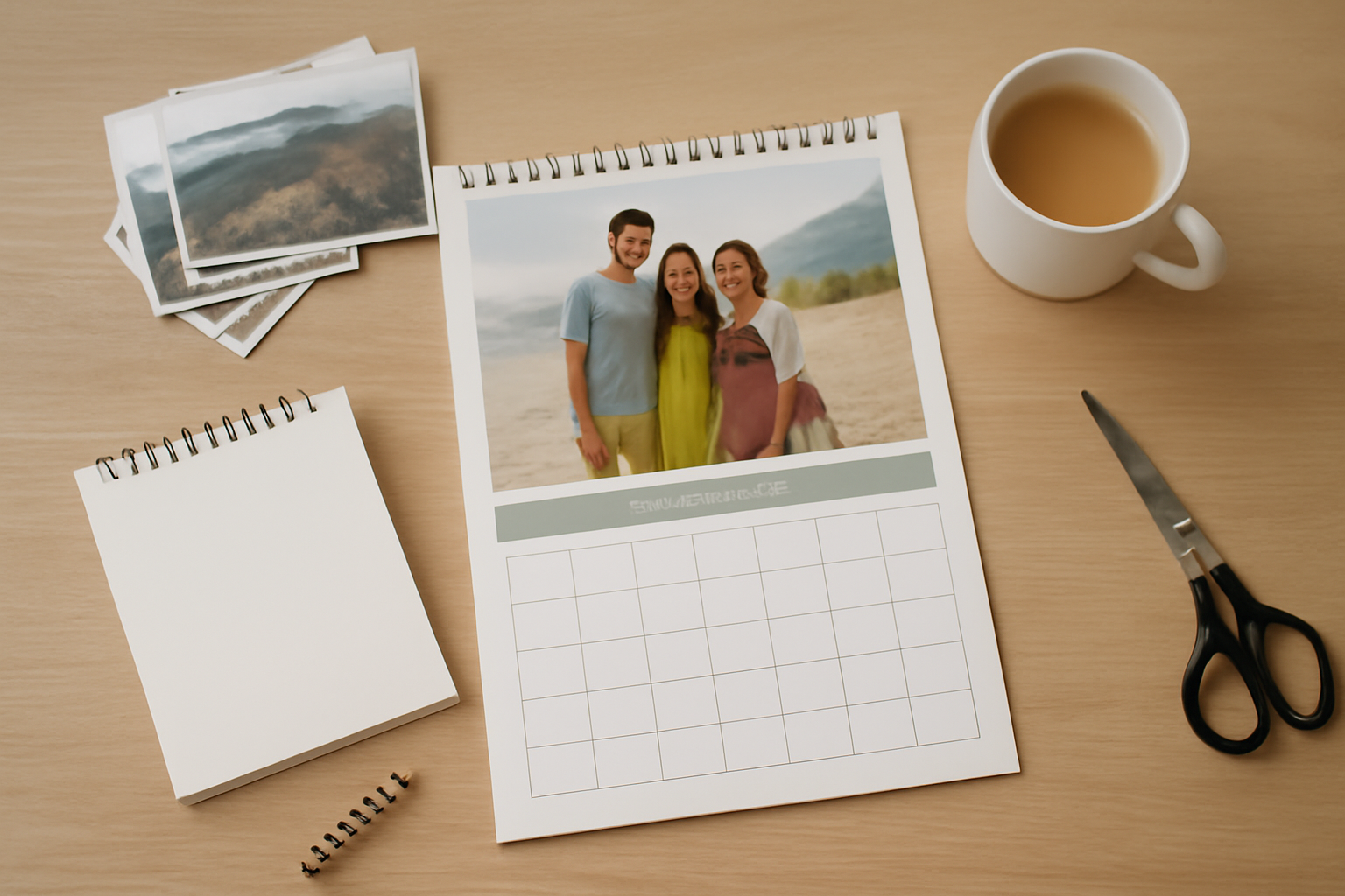 Printed photo calendar on a desk with loose photos and scissors