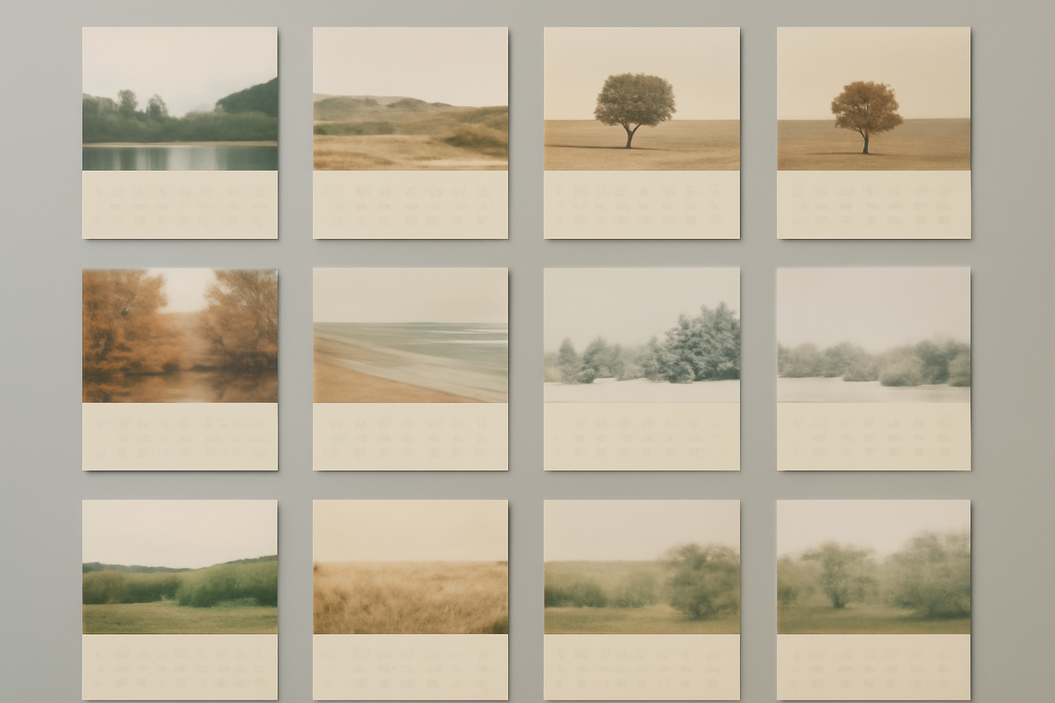 Twelve seasonal calendar pages laid out in a grid