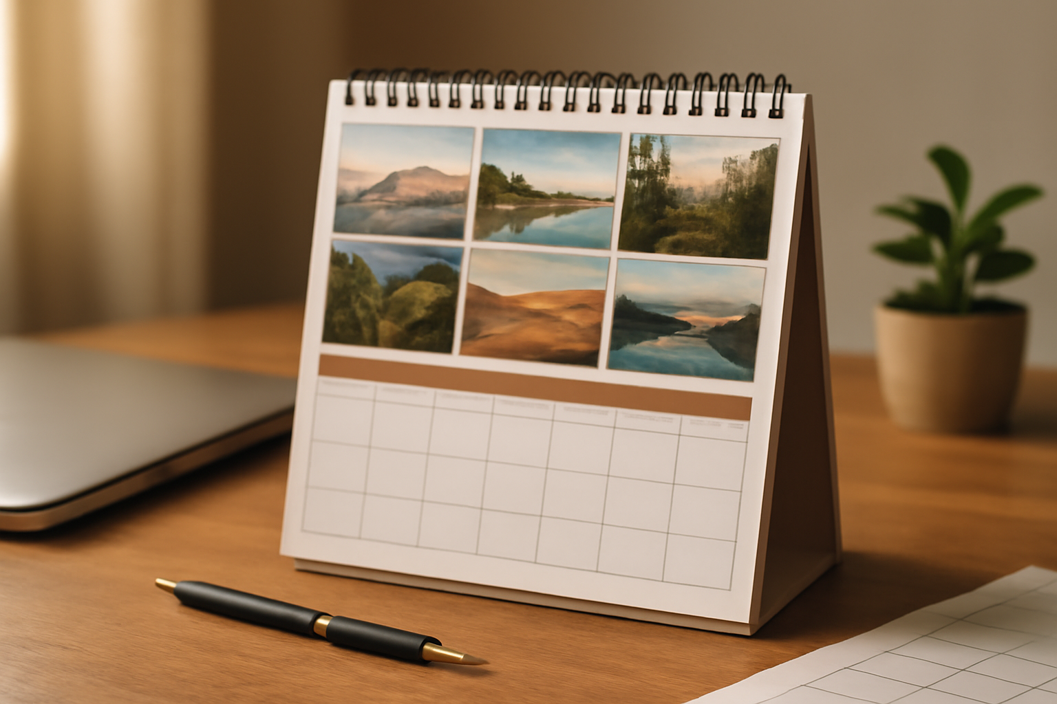 Desk calendar with an arched travel photo collage above a dated grid