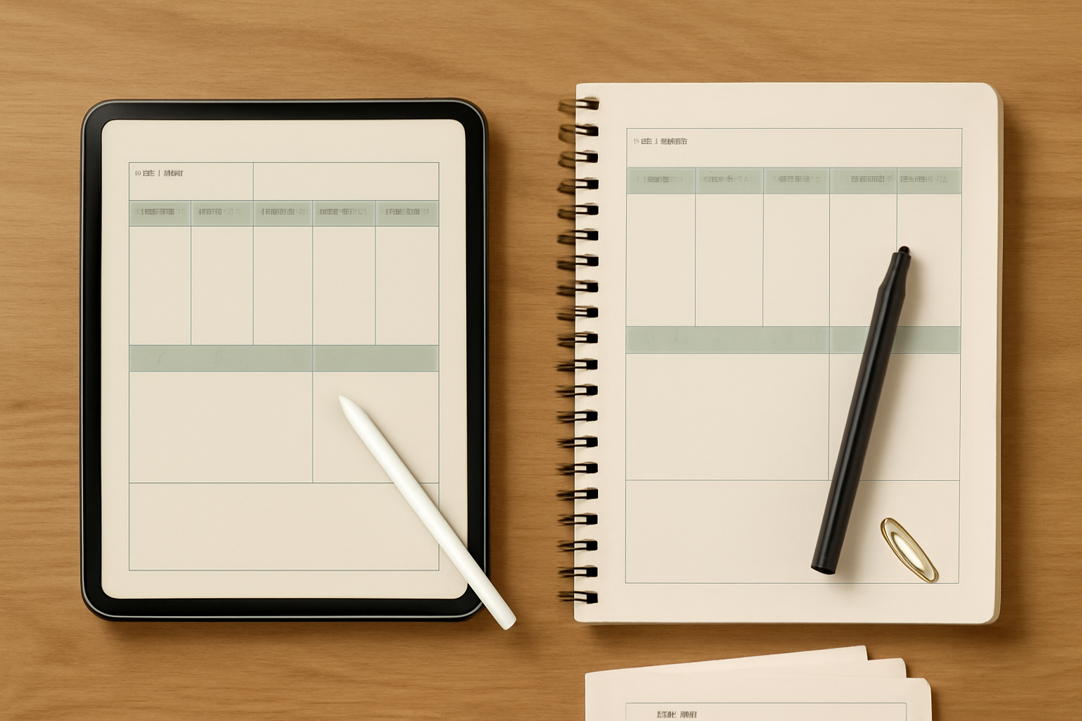 A tablet showing a weekly planner spread next to an open printed paper planner on a wooden desk