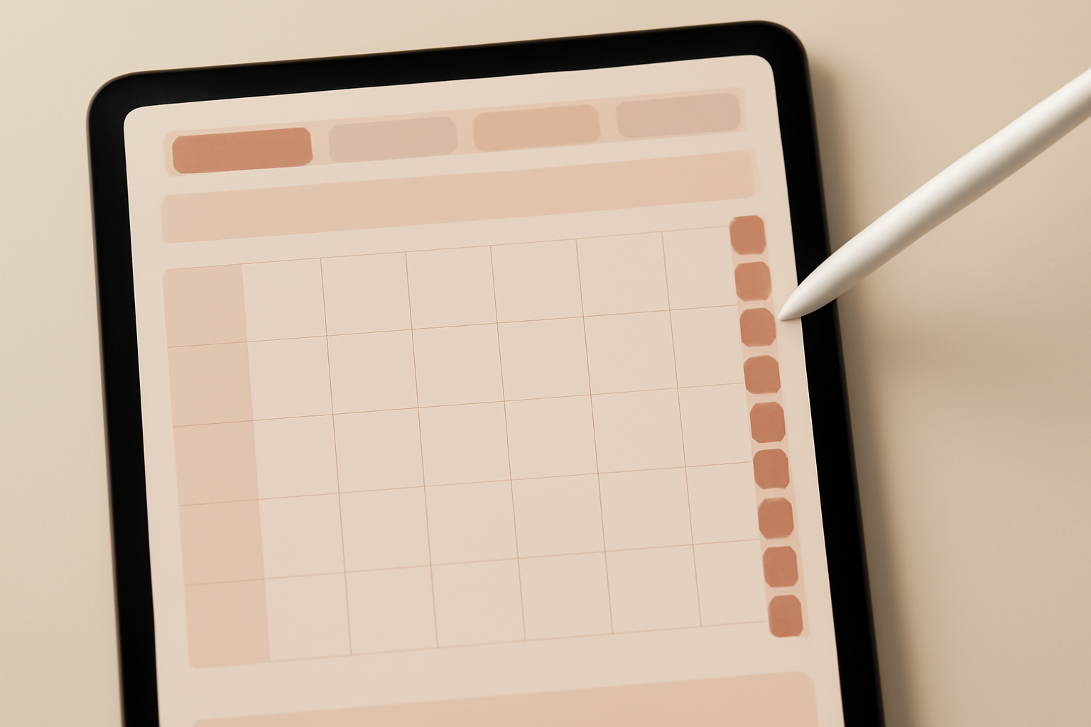 Close-up of a tablet screen showing a monthly planner page with a column of tappable month tabs down the right edge