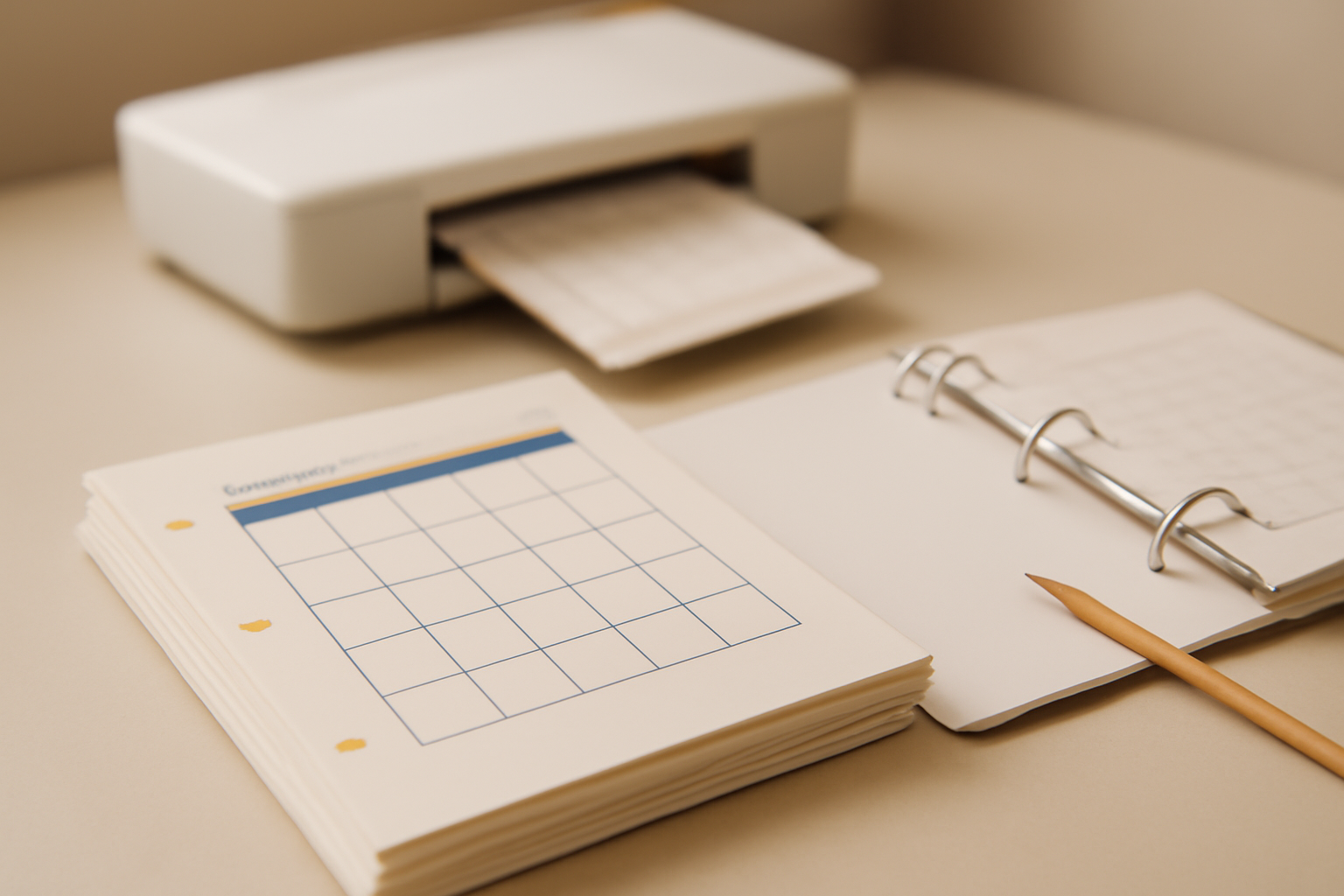 A stack of freshly printed planner pages beside an open ring binder and a home printer