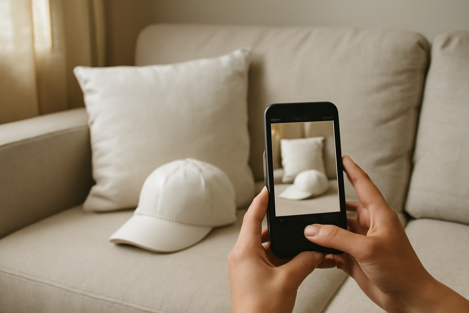 A phone photographing a plain white throw pillow and a white cap on a sofa