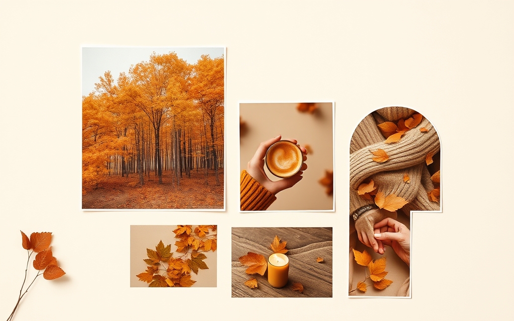An autumn photo collage grid on a cream background with forest, latte, sweater and candle photos