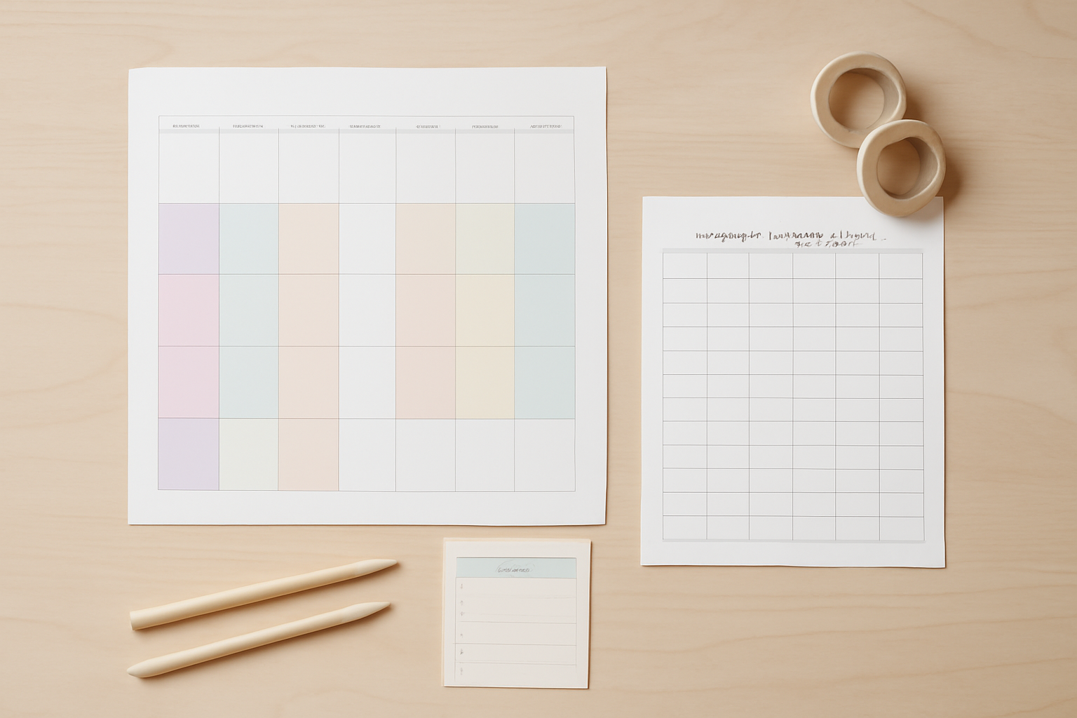 A flat lay of a family planner set: a monthly calendar, a weekly chart and a small card