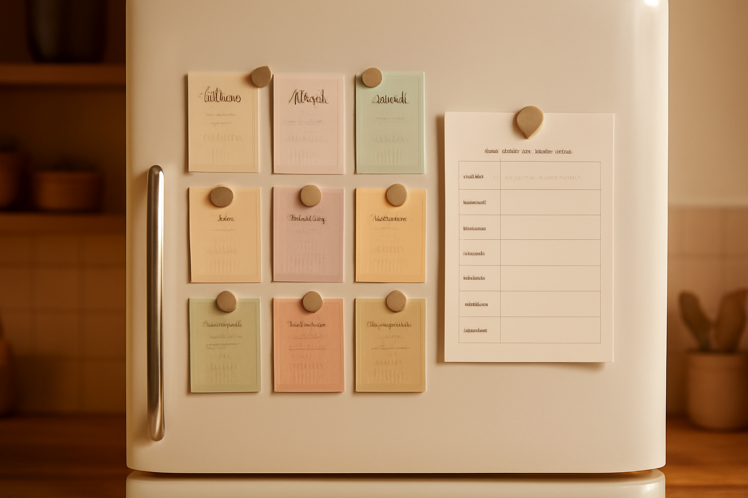 A fridge door with twelve small pastel month cards and a weekly sheet held by magnets