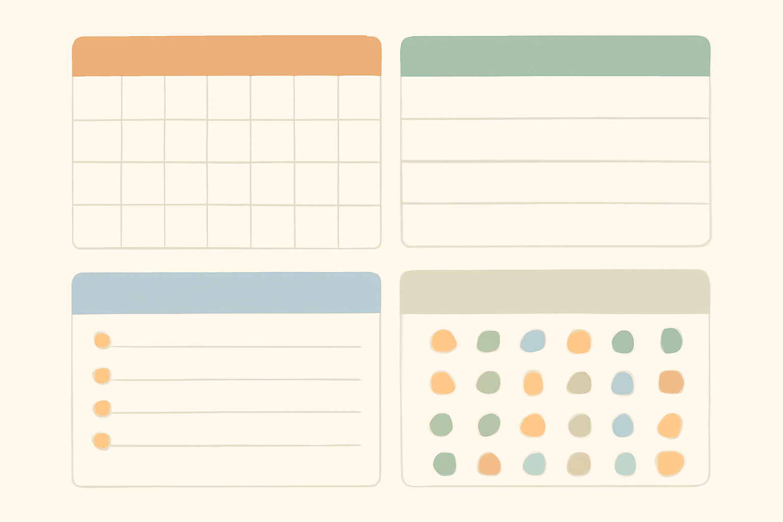 Four layout skeletons for a family planner: month grid, weekly rows, list and dot chart