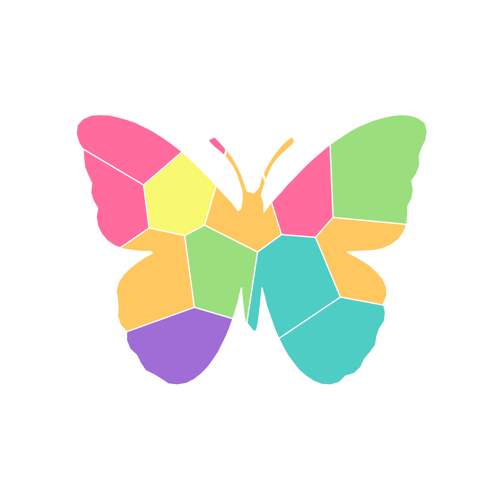 The same butterfly as a 14-piece rainbow mosaic sticker sheet