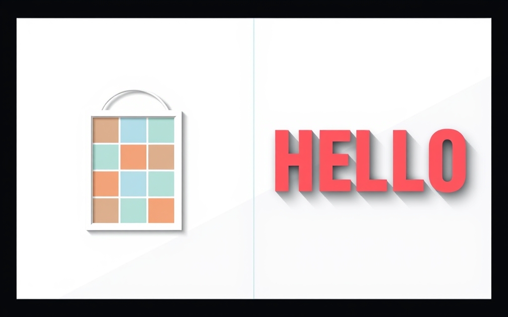Split concept: a geometric photo grid and an arch frame on the left, a photo cut inside the word HELLO on the right