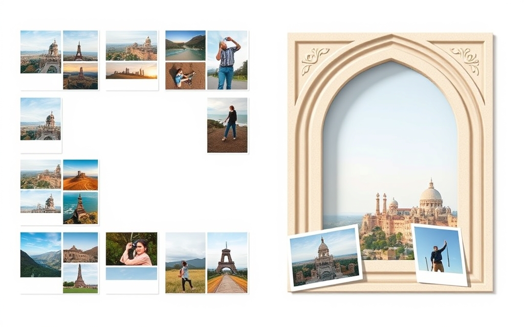 A geometric photo grid and an arch-top photo frame filled with travel photos