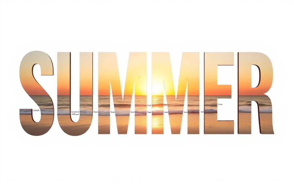 The word SUMMER with a beach sunset photo showing through the letters