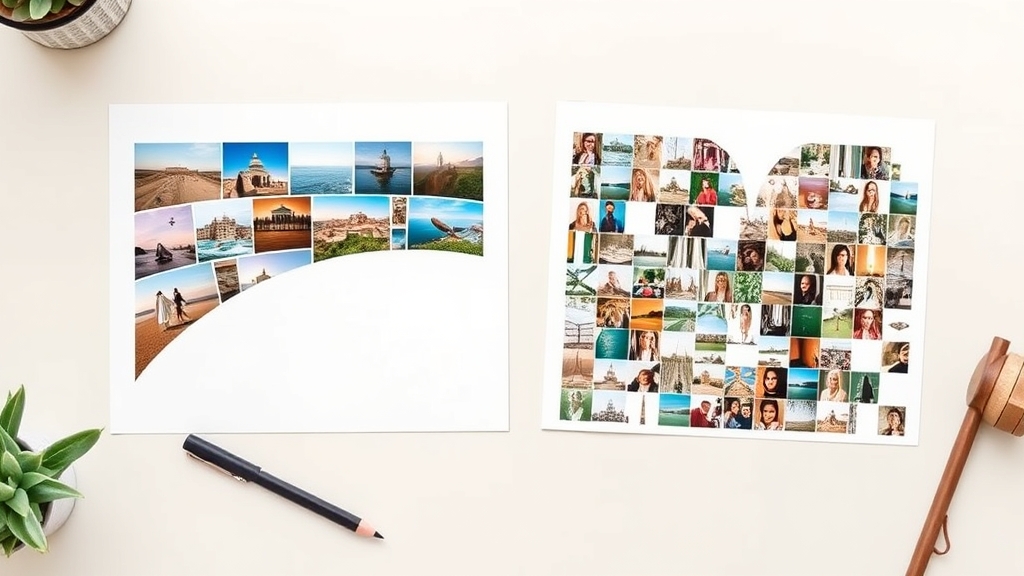 Two printed photo collages side by side — a curved arc collage and a pixel-style heart mosaic
