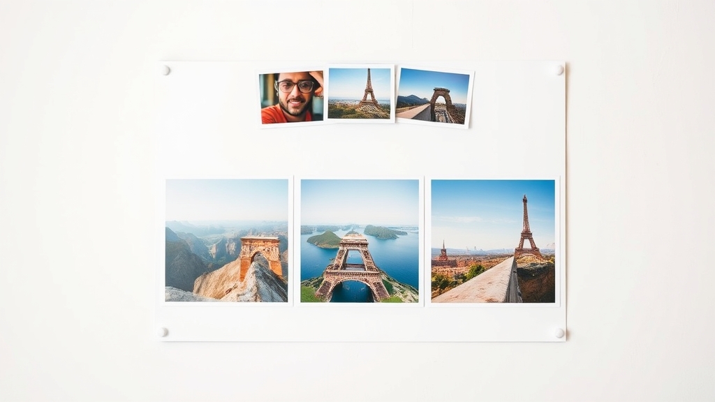 A neat three-by-three photo grid poster with an arc photo strip above it, pinned on a wall