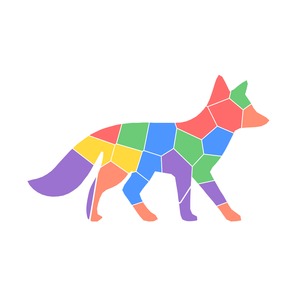 After: the same fox as a 23-piece mosaic sticker template in the vibrant palette
