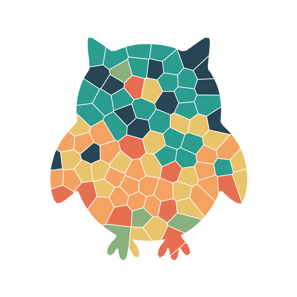 An owl color by number template split into 88 mosaic pieces in green, teal and orange