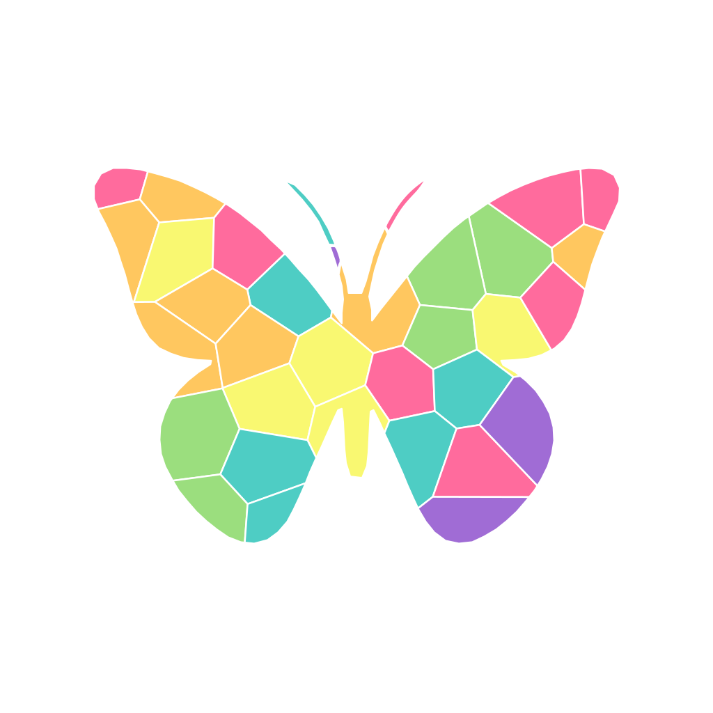 After: the same butterfly as a 34-piece mosaic sticker in a rainbow palette
