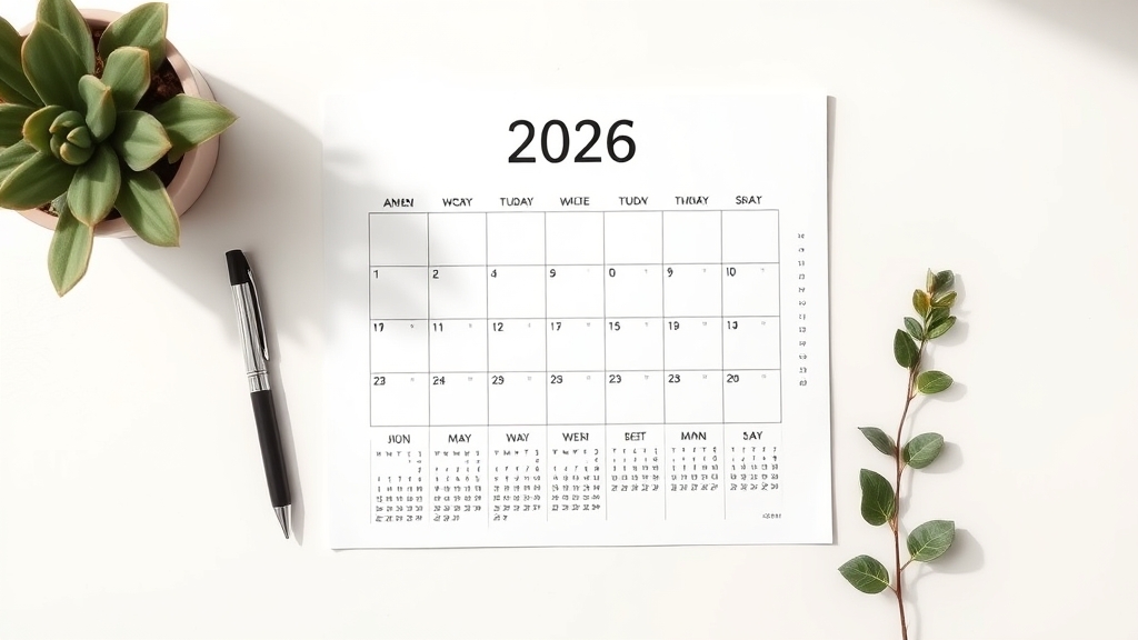 Clean printable 2026 monthly calendar page on a desk