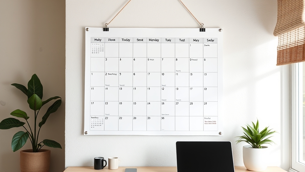 Printed wall calendar with holidays marked, hanging in a home office