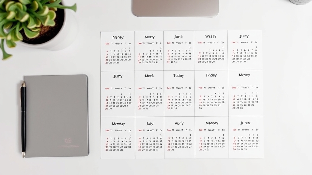 Twelve monthly calendar pages laid out in a grid, one page per month
