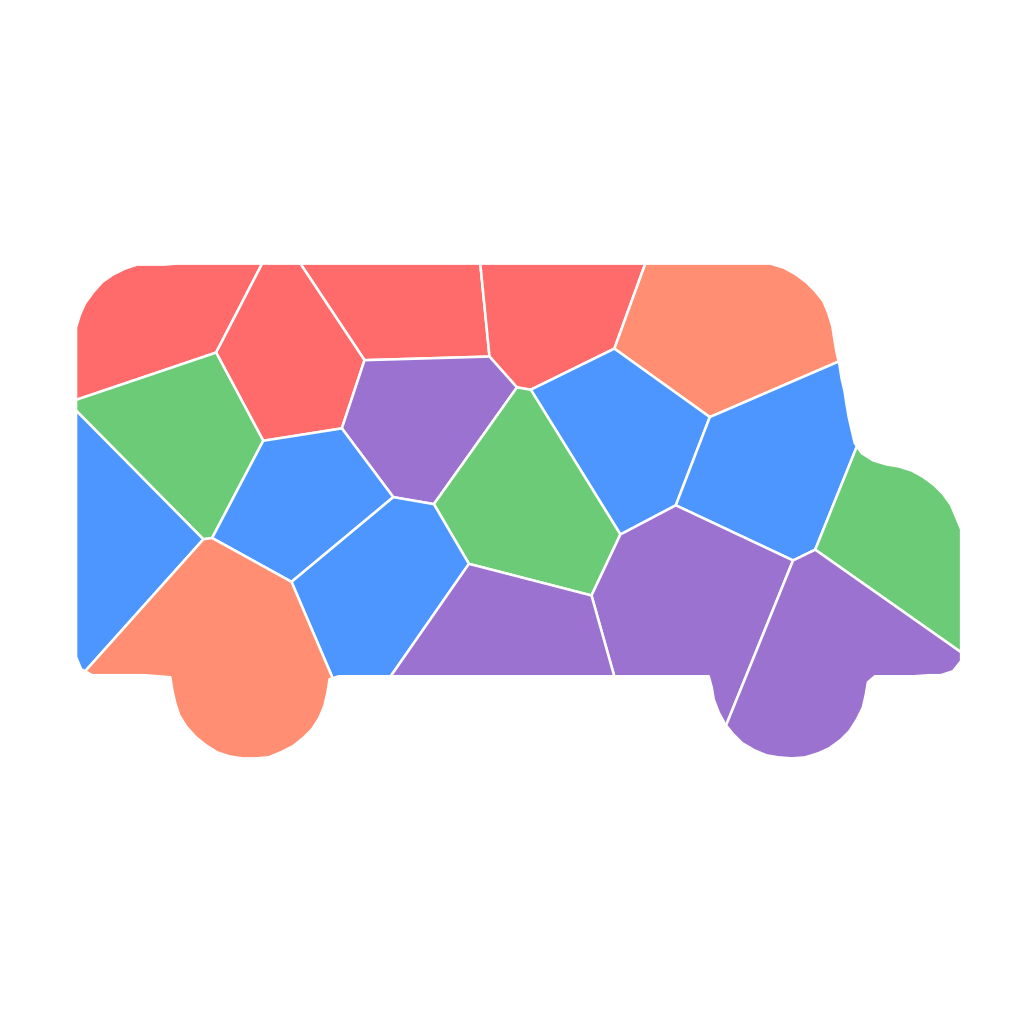 The same school bus silhouette turned into an 18-piece mosaic sticker in bright colours