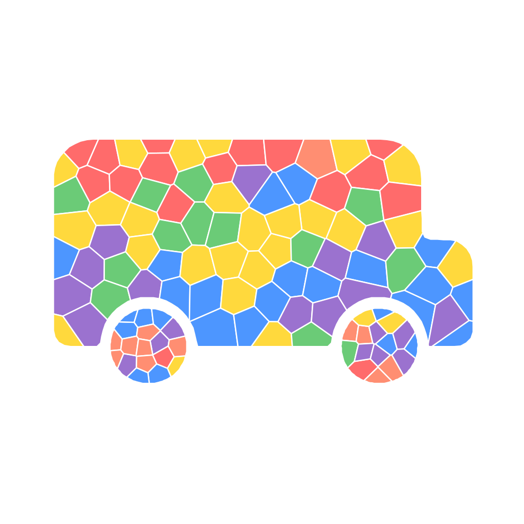 School bus mosaic sticker split into 114 small pieces on the hard difficulty setting