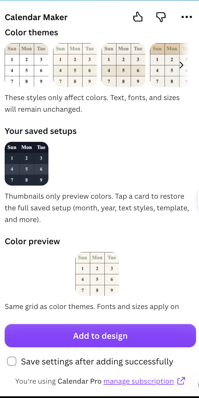 Calendar Maker's preset colour palettes and saved setups