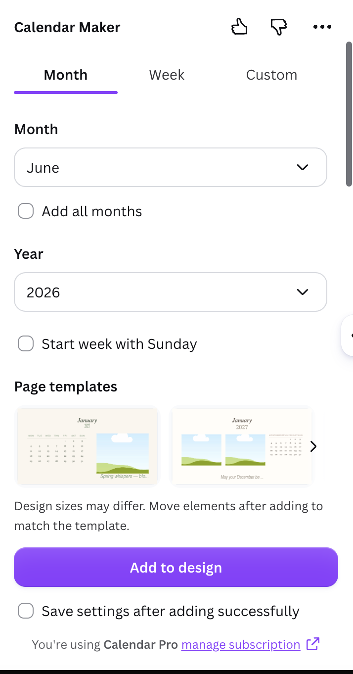 The Calendar Maker Month tab, where you pick the month, year and page template