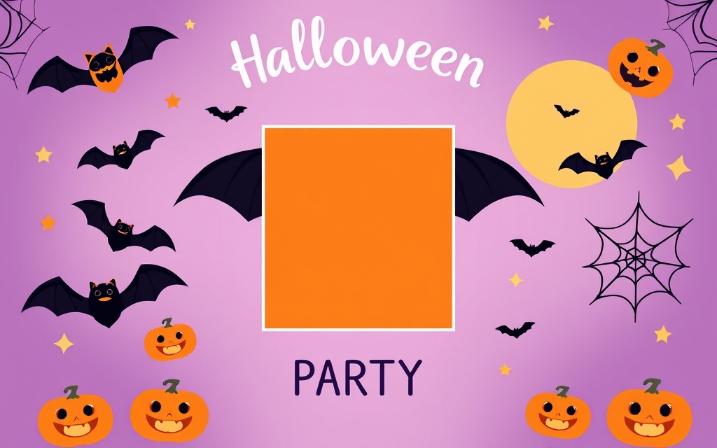 Halloween party layout with bats, pumpkins, and a shaped photo frame