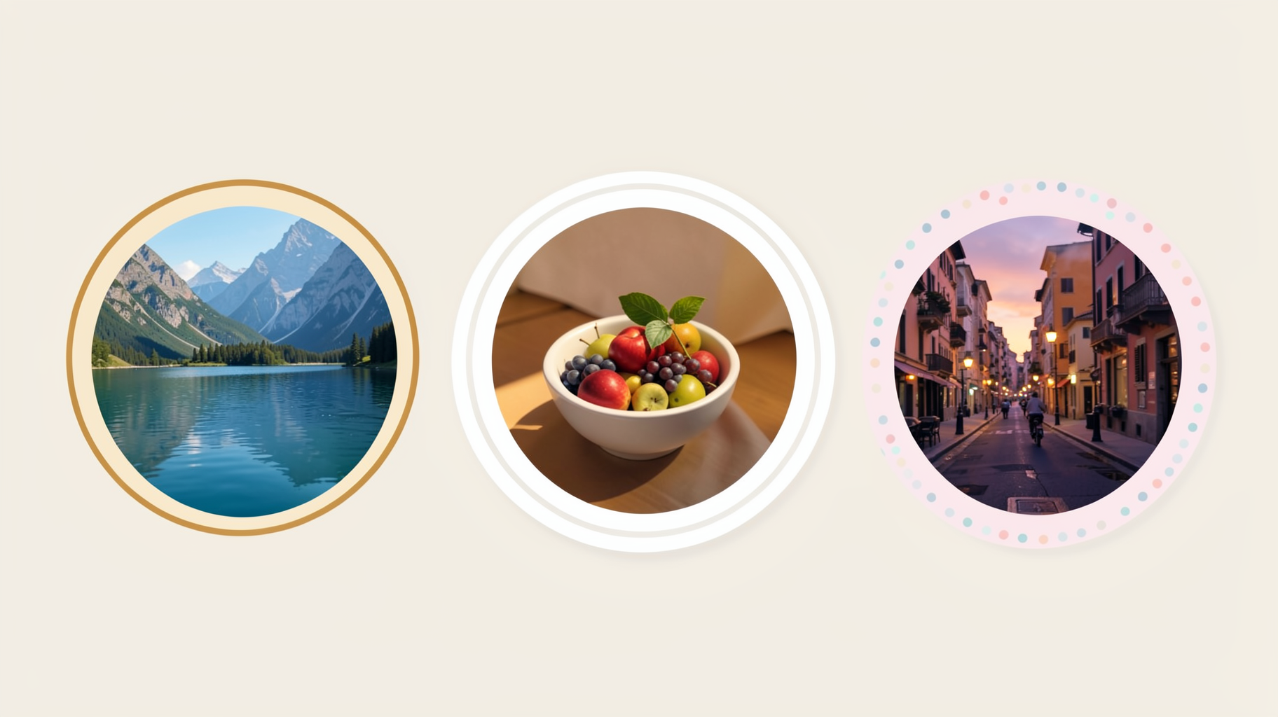 Three circle-cropped photos with different ring borders — thin gold, thick white, dotted pastel