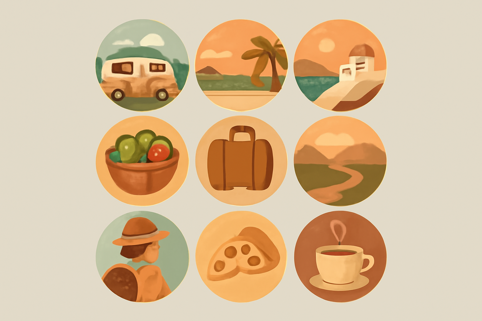 A 3x3 grid of circle-cropped photos with even spacing