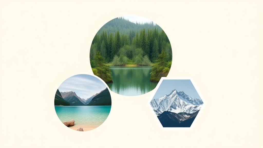 Three photos cropped into different shapes — a circle, an arch, and a hexagon