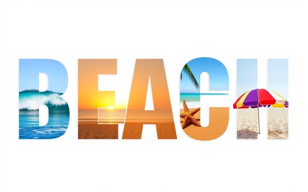The word BEACH where each letter is filled with a different beach photo