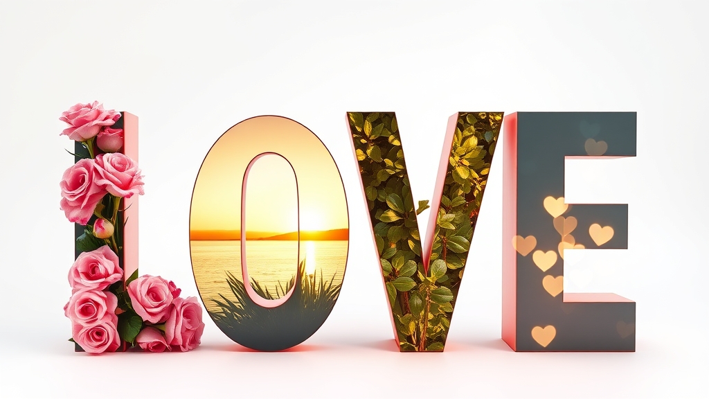 The word LOVE with a different photo filling each of the four letters