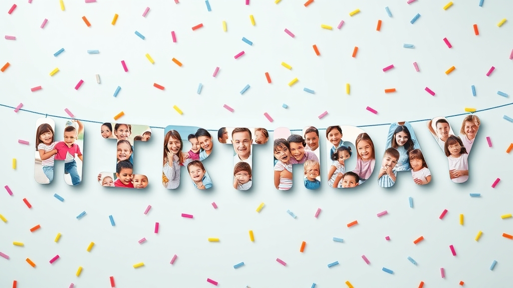 A birthday banner where a name is spelled out with a different family photo in each letter