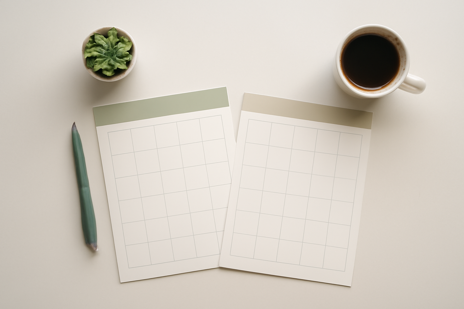 Two blank planner pages with sage green headers, a pen, a succulent and a coffee cup
